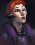  absurdres anolea artist_name black_background blue_eyes breasts dark_background dated eyeliner gradient gradient_background heterochromia highres lips looking_at_viewer makeup medium_breasts moira_(overwatch) nose overwatch purple_background red_eyes red_hair red_lips short_hair signature solo upper_body 