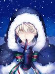  arthur_pendragon_(fate) artoria_pendragon_(all) black_gloves fate/grand_order fate/prototype fate_(series) finger_to_mouth fur_trim genderswap genderswap_(ftm) gloves hood male_focus one_eye_closed ribbon santa_alter santa_costume seseragi_azuma shushing solo 