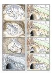  cave comic commentary_request cub grey_wolf highres kemono_friends murakami_kou_(raye) nature no_humans nose_bubble outdoors silent_comic sleeping tree wolf wolf_cub 