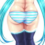  amau_(kosmos) aqua_hair ass commentary_request from_behind hatsune_miku highres long_hair panties simple_background solo striped striped_panties thighhighs twintails underwear very_long_hair vocaloid white_background 