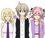  2boys ahoge astolfo_(fate) bangs bare_shoulders black_ribbon blonde_hair braid breasts brown_hair closed_eyes commentary_request eyebrows_visible_through_hair fate/apocrypha fate_(series) green_eyes hair_between_eyes hair_ornament hair_ribbon hand_on_own_head hetero jacket jeanne_d'arc_(fate) jeanne_d'arc_(fate)_(all) large_breasts long_braid long_hair long_sleeves looking_at_viewer male_focus multicolored_hair multiple_boys navel necktie open_clothes open_jacket otoko_no_ko pink_hair purple_hair purple_jacket purple_neckwear ribbon shirt sieg_(fate/apocrypha) single_braid sleeveless sleeveless_shirt striped striped_shirt two-tone_hair very_long_hair waistcoat white_shirt yumishiro_(wrokplqti) 