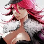  big_hair breasts cleavage earrings final_fight fur_collar hair_between_eyes hat hiro1984 jacket jewelry large_breasts pink_eyes pink_hair poison_(final_fight) skull_earrings solo street_fighter 