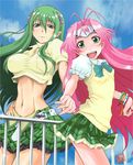  breasts commentary_request emilia_jenius green_hair lion_(macross_frontier) macross macross_7 macross_frontier midriff multiple_girls mylene_jenius navel parody pink_hair rokujou_mugi school_uniform 