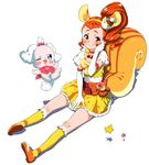  animal_ears arisugawa_himari bow cake_hair_ornament choker creature cure_custard dress elbow_gloves extra_ears food_themed_hair_ornament gloves hair_ornament hairband highres kaeru0025 kirakira_precure_a_la_mode kneehighs magical_girl orange_bow orange_footwear orange_hair pekorin_(precure) ponytail precure red_neckwear shoes short_hair simple_background sitting squirrel_ears squirrel_tail star tail white_background white_gloves yellow_bow yellow_dress yellow_hairband 