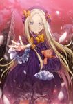  abigail_williams_(fate/grand_order) beret blonde_hair blood blood_on_face blue_eyes blurry bow bug building butterfly cloud commentary cowboy_shot dangmill depth_of_field dress fate/grand_order fate_(series) frilled_dress frilled_sleeves frills glass_shards hair_bow hat holding holding_stuffed_animal insect lolita_fashion long_hair long_sleeves looking_at_viewer orange_bow outdoors outstretched_arm polka_dot polka_dot_bow red_sky sky sleeves_past_wrists solo stuffed_animal stuffed_toy teddy_bear too_many_bows very_long_hair 