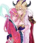  alternate_costume artoria_pendragon_(all) artoria_pendragon_(lancer_alter) blonde_hair breasts cleavage divine_princess_of_the_storm eyepatch fate/grand_order fate_(series) florence_nightingale_(fate/grand_order) fur_trim horns hug large_breasts multiple_girls ox-demon_king pink_hair red_eyes sketch takamura_yue white_background wide_sleeves yellow_eyes yuri 