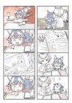  animal_ears book comic commentary_request crayon drawing grey_wolf_(kemono_friends) heterochromia highres kemono_friends multiple_girls murakami_kou_(raye) northern_white-faced_owl_(kemono_friends) silent_comic tail wolf wolf_ears wolf_tail younger 