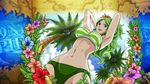 1girl alone beach bikini breasts clouds curvy female flower green_hair holding_hair large_breasts long_hair looking_at_viewer monet_(one_piece) navel official_art one_piece shiny_skin sky smile solo stomach swimsuit trees wings yellow_eyes 