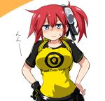  aiba_ami backpack bag black_gloves black_skirt blue_eyes blush breasts closed_mouth digimon digimon_story:_cyber_sleuth frown gloves goggles goggles_on_head hair_between_eyes hair_ornament hands_on_hips looking_at_viewer lowres medium_breasts n36hoko nose_blush print_shirt raglan_sleeves red_hair shirt side_ponytail single_glove skirt solo t-shirt target upper_body wavy_mouth yellow_shirt 