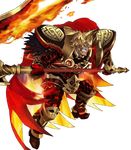  armor beard black_armor cape clenched_teeth facial_hair feathers fire fire_emblem fire_emblem_heroes full_body gauntlets glowing glowing_eye greaves helmet highres holding holding_weapon horned_helmet maeshima_shigeki male_focus molten_rock official_art orange_hair red_cape red_eyes scar scar_across_eye scythe short_hair shoulder_armor solo surtr_(fire_emblem_heroes) teeth transparent_background weapon 