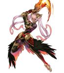  armor bangs bare_shoulders belt breasts clenched_teeth dark_skin elbow_gloves feather_trim feathers fire fire_emblem fire_emblem_heroes full_body gauntlets gloves gradient gradient_hair hair_ornament highres holding laevateinn_(fire_emblem_heroes) leg_up long_hair looking_at_viewer maeshima_shigeki medium_breasts multicolored_hair official_art overskirt pink_hair solo teeth thighhighs transparent_background 