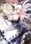  absurdres apron azur_lane belfast_(azur_lane) blue_eyes braid breasts cleavage collar commentary_request denson eyebrows_visible_through_hair french_braid highres large_breasts long_hair looking_at_viewer maid_headdress skirt_hold smile solo underbust v-shaped_eyebrows vambraces waist_apron white_hair 