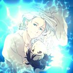  black_hair blue_eyes brown_eyes bubble collared_shirt katsuki_yuuri male_focus mouri multiple_boys shirt silver_hair smile underwater viktor_nikiforov yuri!!!_on_ice 