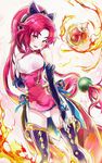  armband breasts china_dress chinese_clothes dress fire floating floating_object hand_on_own_chest kamemushi_(hoozuki) long_hair looking_at_viewer loretta_(sennen_sensou_aigis) medium_breasts orb panties red_eyes red_hair sennen_sensou_aigis solo underwear very_long_hair white_panties 