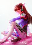  acronym animal_print arm_support bangs blue_bodysuit bodysuit breasts brown_eyes brown_hair bubble_blowing bunny_print chewing_gum clothes_writing crossed_legs d.va_(overwatch) facepaint facial_mark gloves hair_between_eyes headphones high_collar highres long_hair mecha medium_breasts meka_(overwatch) nomnomroko overwatch petals pilot_suit ribbed_bodysuit shoulder_pads sitting sitting_on_object skin_tight solo swept_bangs whisker_markings white_background white_gloves 
