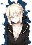  artoria_pendragon_(all) besmiled black_ribbon black_shirt breasts cleavage collarbone eyebrows_visible_through_hair fate/stay_night fate_(series) hair_between_eyes hair_ribbon looking_away medium_breasts open_clothes open_shirt ribbon saber_alter shirt sidelocks silver_hair solo upper_body white_background yellow_eyes 