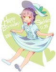  2016 bare_legs blouse bow commentary dated dress full_body hair_intakes happy_birthday hat hat_bow hat_removed headwear_removed heart heart_background idolmaster idolmaster_cinderella_girls koshimizu_sachiko looking_at_viewer no_nose purple_hair short_hair short_sleeves simple_background solo uso_(ameuzaki) yellow_eyes 