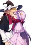  apron black_hat black_skirt blonde_hair bow capelet commentary_request crescent eye_contact from_side hat hat_bow highres holding_hands imminent_kiss kirisame_marisa long_hair long_sleeves looking_at_another mob_cap multiple_girls patchouli_knowledge profile purple_eyes purple_hair purple_hat red_scarf scarf shared_scarf simple_background skirt smile touhou vanilla_(miotanntann) very_long_hair waist_apron white_background white_bow witch_hat yellow_eyes yuri 
