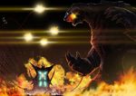  city destruction embers energy explosion fire gamera gamera_(series) giant_monster glowing glowing_eyes irys_(gamera) kaijuu monster night tentacle turtle tusks zhen_lu 