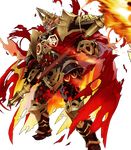  armor beard black_armor cape clenched_teeth facial_hair feathers fire fire_emblem fire_emblem_heroes gauntlets glowing glowing_eye greaves helmet highres holding holding_weapon horned_helmet maeshima_shigeki male_focus molten_rock official_art orange_hair red_cape red_eyes scar scar_across_eye scythe shoulder_armor solo surtr_(fire_emblem_heroes) teeth torn_cape transparent_background weapon 
