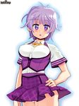  blush covered_nipples cowboy_shot eyebrows_visible_through_hair hand_on_hip logo looking_at_viewer messy_hair non-web_source official_art panties panty_peek pleated_skirt psychic_hearts purple_eyes purple_hair ryoji_(nomura_ryouji) short_hair short_sleeves skirt solo underbust underwear white_panties 