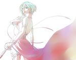  asellus_(saga_frontier) back blue_eyes blue_hair breasts commentary_request corset dress elbow_gloves flower gloves green_hair lips medium_breasts rose saga saga_frontier short_hair solo sword weapon yukino_(0722) 