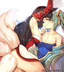  ahri animal_ears armpits arms_up bare_shoulders black_hair blue_hair blush breasts closed_eyes commentary_request covering covering_ass detached_sleeves dress fox_ears fox_girl fox_tail from_side hair_ornament hinghoi holding_hands interlocked_fingers kiss korean_clothes league_of_legends long_hair medium_breasts multiple_girls patreon_username sideboob simple_background sona_buvelle tail twintails very_long_hair white_background yuri 