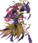  ass back bare_shoulders belt braid breasts dress earrings feather_trim fire_emblem fire_emblem_heroes full_body garter_straps hat high_heels highres holding holding_staff jewelry large_breasts loki_(fire_emblem_heroes) long_hair long_sleeves looking_back maeshima_shigeki nail_polish official_art parted_lips purple_eyes purple_hair side_slit single_thighhigh solo staff thigh_strap thighhighs torn_clothes torn_legwear transparent_background wide_sleeves 