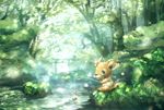  animal_ears artist_name deer deer_ears deer_tail doubutsu_no_mori fishing_rod furry highres leaf male_focus mituki peter_(doubutsu_no_mori) river sitting solo tareme tree water 