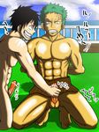  2boys erection evil_grin grin handjob kneeling male_focus mayugeyama multiple_boys nude one_piece penis restrained scar teeth yaoi 