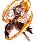  armor bare_shoulders belt breasts dark_skin elbow_gloves feather_trim feathers fire fire_emblem fire_emblem_heroes full_body gauntlets gloves gradient gradient_hair hair_ornament highres laevateinn_(fire_emblem_heroes) leg_up long_hair looking_at_viewer maeshima_shigeki medium_breasts multicolored_hair official_art open_mouth overskirt pink_hair red_eyes red_hair sleeveless solo thighhighs transparent_background twintails weapon 