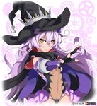  absurdres bare_shoulders black_gloves braid cape capelet copyright_name covered_navel earrings fingerless_gloves gloves hat highres hilda_(stella_glow) jewelry lavender_hair leotard long_hair looking_at_viewer purple_background simple_background solo stella_glow tsurime vistahero witch_hat yellow_eyes 