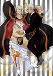  2boys beard body_pillow cape dorayaki facial_hair formal grey_hair grin hands_up male_only multiple_boys necktie old_man on_back on_bed open_shirt pants_down red_shirt ronoue_genji suit umineko_no_naku_koro_ni underwear ushiromiya_kinzou white_hair yaoi 