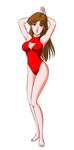  arms_up breasts brown_hair choujikuu_yousai_macross cleavage_cutout commentary commentary_request hayase_misa macross macross:_do_you_remember_love? nobori_(rising) oldschool one-piece_swimsuit swimsuit 