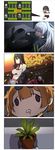  4koma aek-999_(girls_frontline) alternate_costume black_hair brown_hair comic commentary face_of_the_people_who_sank_all_their_money_into_the_fx girls_frontline grizzly_mkv_(girls_frontline) ground_vehicle highres looking_at_viewer motor_vehicle motorcycle multiple_girls plant ponytail potted_plant pzb39_(girls_frontline) saliva silent_comic silver_hair smile xiujia_yihuizi 