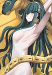  armpits arms_up bangs bare_back blush breasts cleopatra_(fate/grand_order) closed_mouth cowboy_shot dress dutch_angle eyebrows_visible_through_hair fate/grand_order fate_(series) from_side green_eyes green_hair hair_over_breasts hairband highres jewelry k_jin large_breasts long_hair looking_at_viewer pale_skin see-through sideboob single_earring smile solo sparkle tsurime white_dress 