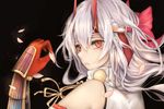  bow fate/grand_order fate_(series) hair_between_eyes hair_bow hair_ornament hairband hatey_hatety horns long_hair looking_back petals red_eyes solo tomoe_gozen_(fate/grand_order) white_hair 
