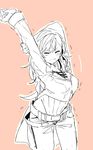  arms_up belt blush breasts closed_eyes cowboy_shot esu_(transc) large_breasts long_hair monochrome multiple_necklaces neo_(rwby) pants rwby sketch solo stretch tan_background trembling waist_cape 