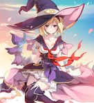  :d alternate_breast_size blonde_hair blue_sky blush boots breasts cleavage cloud djeeta_(granblue_fantasy) flying granblue_fantasy hair_between_eyes hat high_heel_boots high_heels large_breasts open_mouth petals reina_(black_spider) school_uniform serafuku short_hair sky smile solo thigh_boots thighhighs warlock_(granblue_fantasy) witch_hat yellow_eyes zettai_ryouiki 