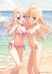  ahoge amakusa_tobari asymmetrical_docking beach bikini blonde_hair blue_eyes blue_sky blush breast_press breasts cloud commentary_request contrapposto crossover day eyebrows_visible_through_hair fate/kaleid_liner_prisma_illya fate_(series) frilled_bikini frills front-tie_top hand_on_another's_hip horizon illyasviel_von_einzbern kanpani_girls long_hair looking_at_viewer monique_waroquier multiple_girls navel ocean open_mouth outdoors pink_bikini red_eyes side-tie_bikini sky small_breasts standing swimsuit twitter_username v water white_bikini 
