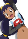  1girl dark_skin elbow_gloves hainchu iris_(pokemon) navel nintendo pokemon pokemon_(anime) simple_background solo tagme team_rocket team_rocket_(cosplay) 