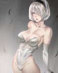  absurdres breasts cleavage commentary covered_nipples hair_over_one_eye highleg highleg_leotard highres leotard looking_at_viewer medium_breasts nier_(series) nier_automata playboy_bunny_leotard ragecndy short_hair silver_hair smile solo strapless strapless_leotard upper_body yorha_no._2_type_b 