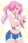  ;d acchi_(koiyimknp) bare_shoulders blue_shorts clenched_hand crop_top digimon digimon_universe:_appli_monsters highres karan_eri long_hair midriff multicolored_hair necktie one_eye_closed open_mouth pink_eyes pink_hair pink_neckwear scrunchie shirt shorts sleeveless sleeveless_shirt smile solo star streaked_hair twintails watch wristwatch yellow_scrunchie 