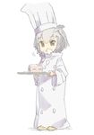  absurdres blonde_hair brown_eyes buttons cake chef_hat chef_uniform eating food food_on_face grey_hair hat highres holding holding_plate kemono_friends multicolored_hair northern_white-faced_owl_(kemono_friends) omucchan_(omutyuan) oversized_clothes plate sketch toque_blanche white_hair 