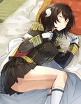  aiguillette azur_lane bangs belt black_hair black_shirt black_skirt blush breasts buttons commentary_request epaulettes eyelashes futon gloves hair_between_eyes hand_on_own_chest horn kneehighs long_sleeves lying medium_breasts mikasa_(azur_lane) military military_uniform on_side pillow pleated_skirt shirt short_hair skirt sleeping solo somechime_(sometime1209) uniform white_coat white_gloves white_legwear wing_collar z_flag 