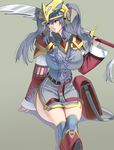  bag blue_eyes breasts curvy cutlass_(sword) detached_sleeves grey_hair highres holding holding_weapon large_breasts long_hair masao original over-kneehighs over_shoulder satchel sitting solo sword sword_over_shoulder tabard thighhighs twintails weapon weapon_over_shoulder wide_hips wide_sleeves 