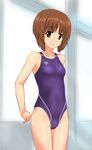 arena_(company) arms_behind_back breasts brown_eyes brown_hair competition_swimsuit cowboy_shot girls_und_panzer highres logo looking_at_viewer nishizumi_miho one-piece_swimsuit parted_lips purple_swimsuit short_hair small_breasts solo standing swimsuit takafumi window 