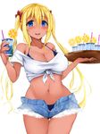  :d bare_shoulders bikini blend_s blonde_hair blush breasts cleavage collarbone commentary_request cowboy_shot cup cutoffs denim denim_shorts drinking_glass drinking_straw eyebrows_visible_through_hair fine_fabric_emphasis food fruit groin hair_between_eyes halterneck highres hinata_kaho holding holding_cup ice ice_cube large_breasts lemon lemon_slice long_hair micro_shorts navel navy_blue_bikini off_shoulder open_clothes open_fly open_mouth open_shorts orange orange_slice parted_lips rocha_(aloha_ro_cha) shirt short_sleeves shorts smile solo swimsuit tan thigh_gap tied_shirt tray twintails unbuttoned very_long_hair white_background white_shirt 