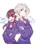 back-to-back blonde_hair blue_eyes brown_hair commentary_request crossed_arms diana_cavendish kagari_atsuko little_witch_academia milk_puppy multiple_girls red_eyes 