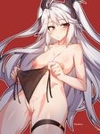  areolae azur_lane bangs blush breasts collarbone cowboy_shot eyebrows_visible_through_hair frown hair_ribbon holding holding_panties large_breasts long_hair looking_at_viewer nipples nude panties parted_bangs prinz_eugen_(azur_lane) pussy red_background ribbon side-tie_panties silver_hair simple_background solo tilt-shift twintails twitter_username underwear very_long_hair yellow_eyes 